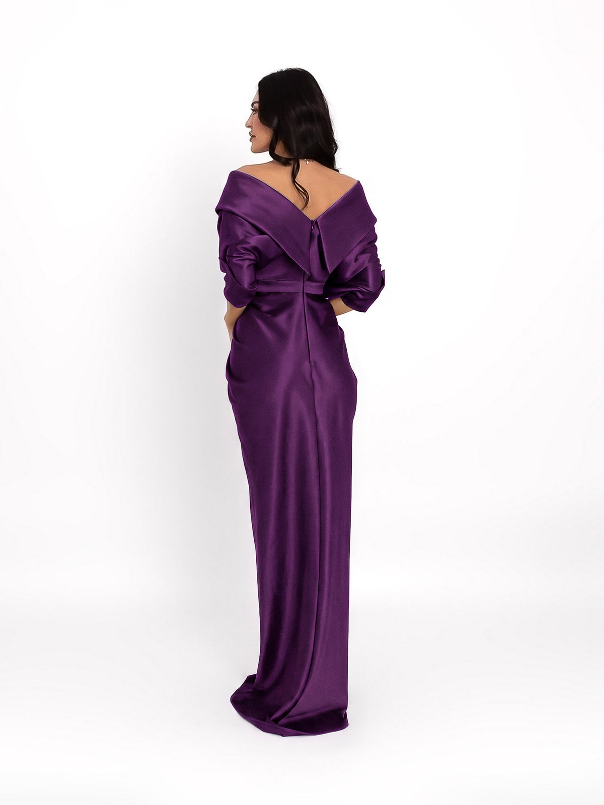 Satin Maxi Dress with Off-the-Shoulder Neckline, Aubergine Purple 3