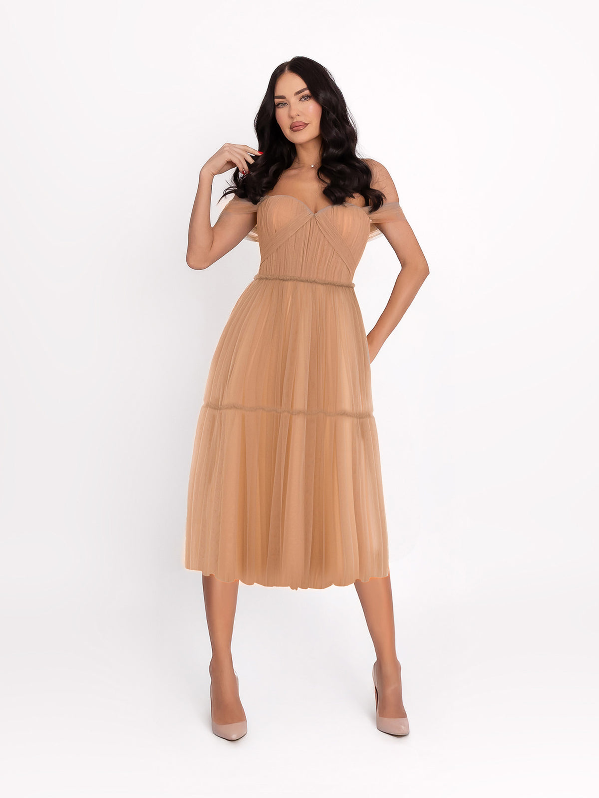 Dress with Tulle Overlay, Sand Brown
