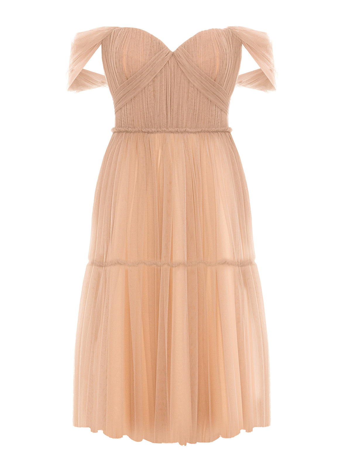 Dress with Tulle Overlay, Sand Brown 2