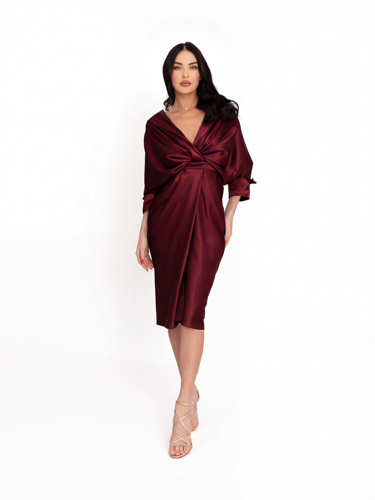 Draped Midi Dress, Red 4