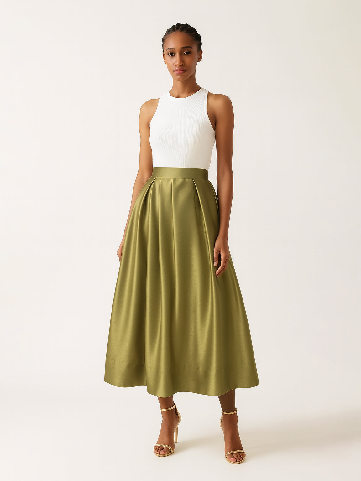 Flared Skirt with Side Pockets, Olive Green