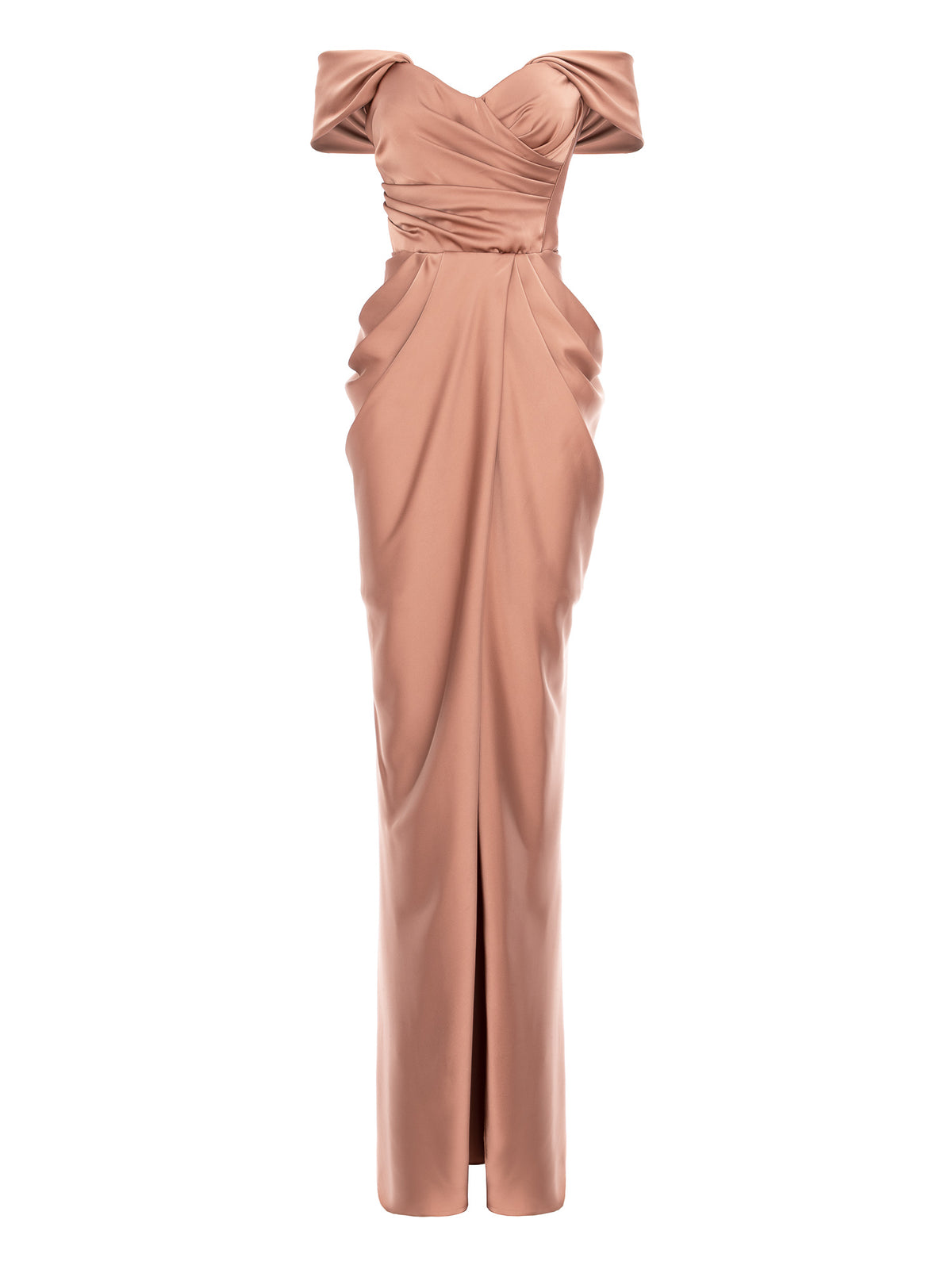 Rochie maxi drapata cu decolteu pe umeri, Bej 2