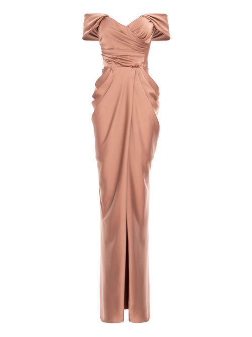 Draped Maxi Dress with Off-the-Shoulder Neckline, Beige 2