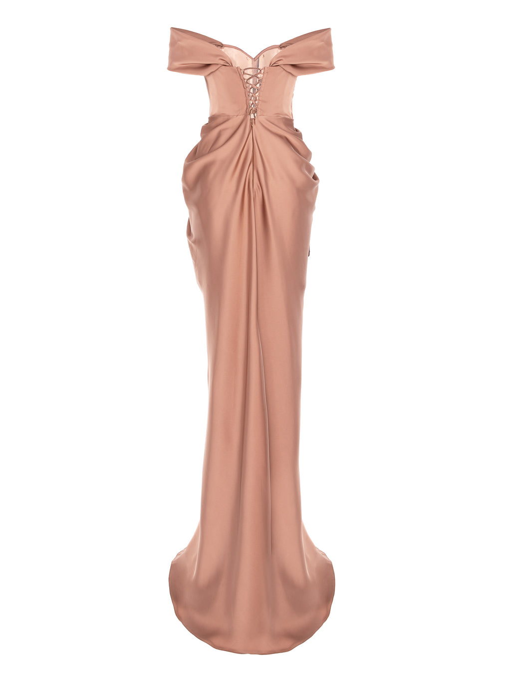 Rochie maxi drapata cu decolteu pe umeri, Bej 3