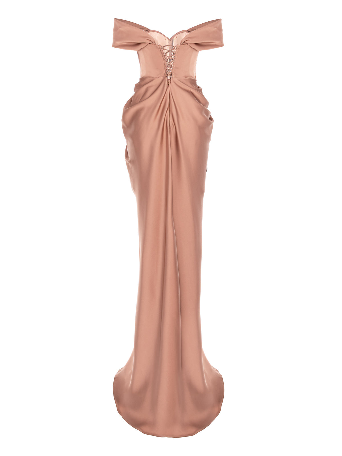Rochie maxi drapata cu decolteu pe umeri, Bej 3