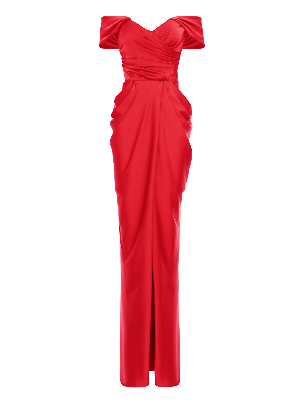 Long Satin-Finish Dress with Off-the-Shoulder Neckline, Red 2