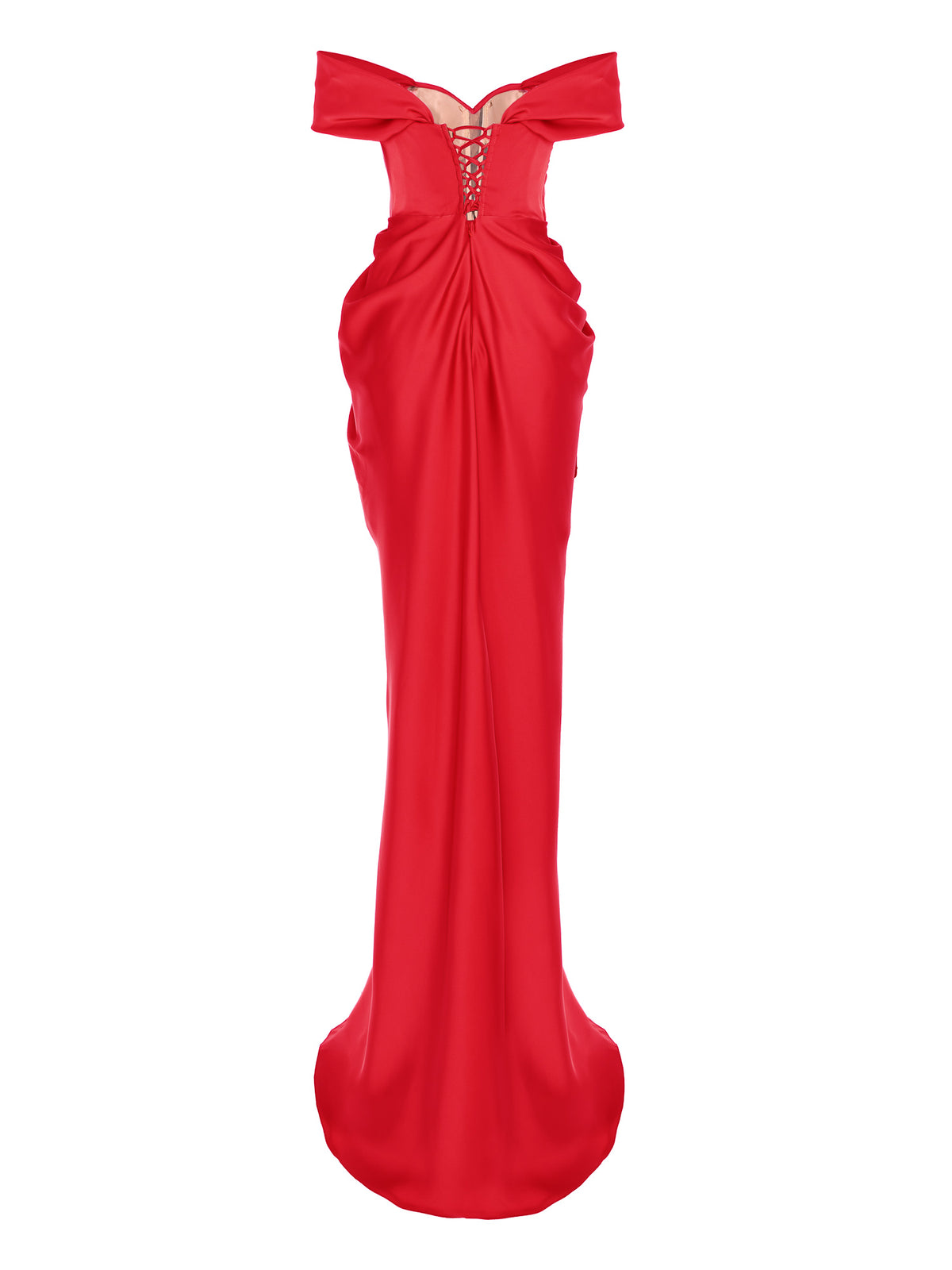 Long Satin-Finish Dress with Off-the-Shoulder Neckline, Red 3