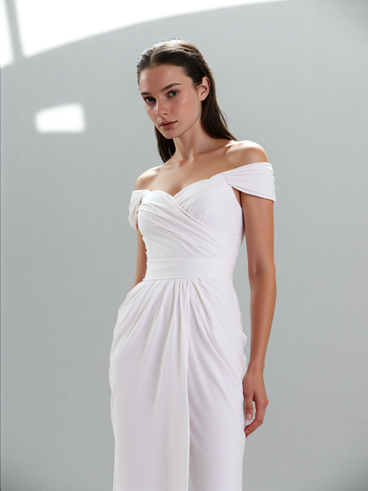 Long Dress with Off-the-Shoulder Neckline, Optic White