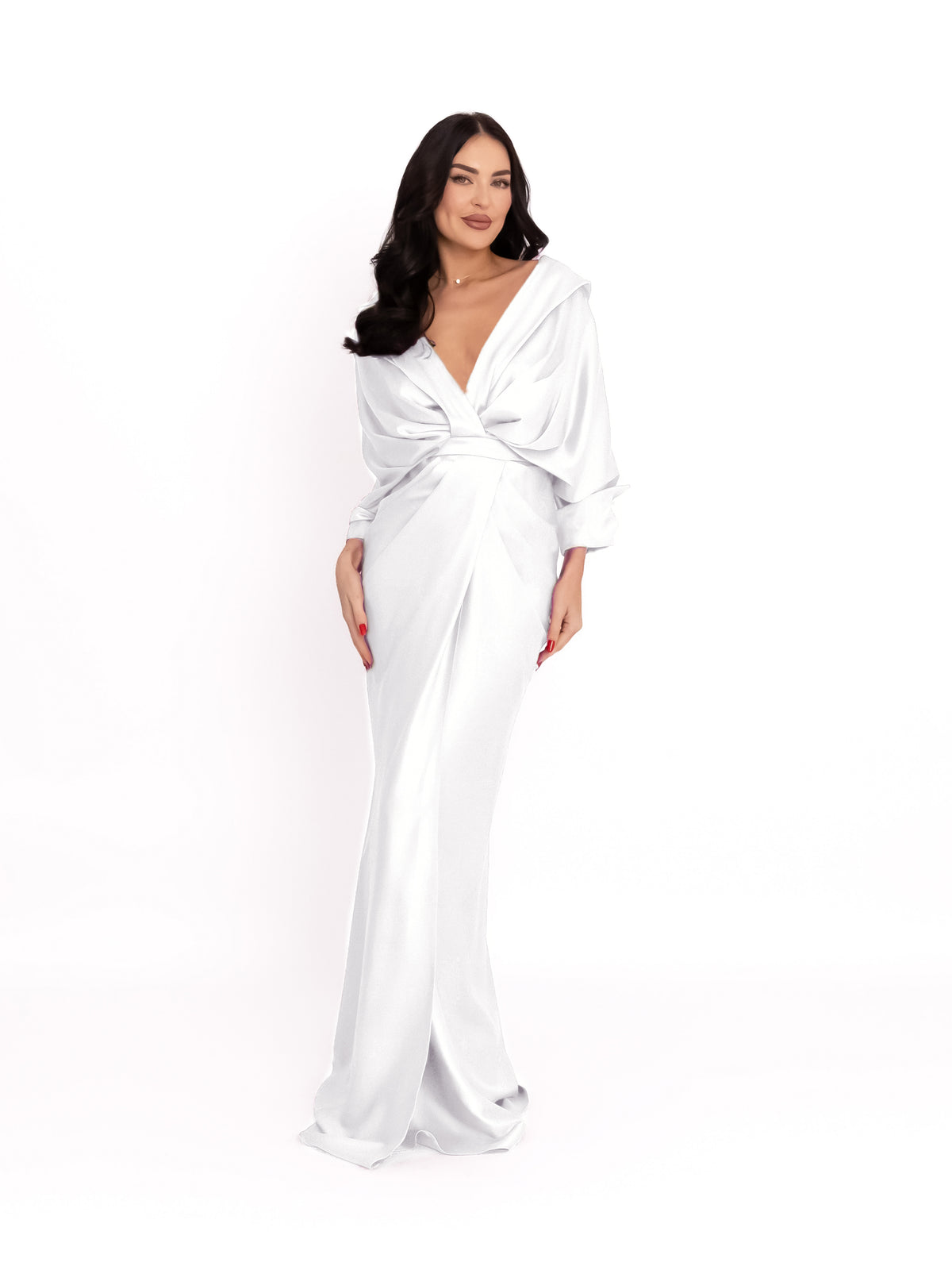 Rochie cu design drapat si slit frontal, Alb optic