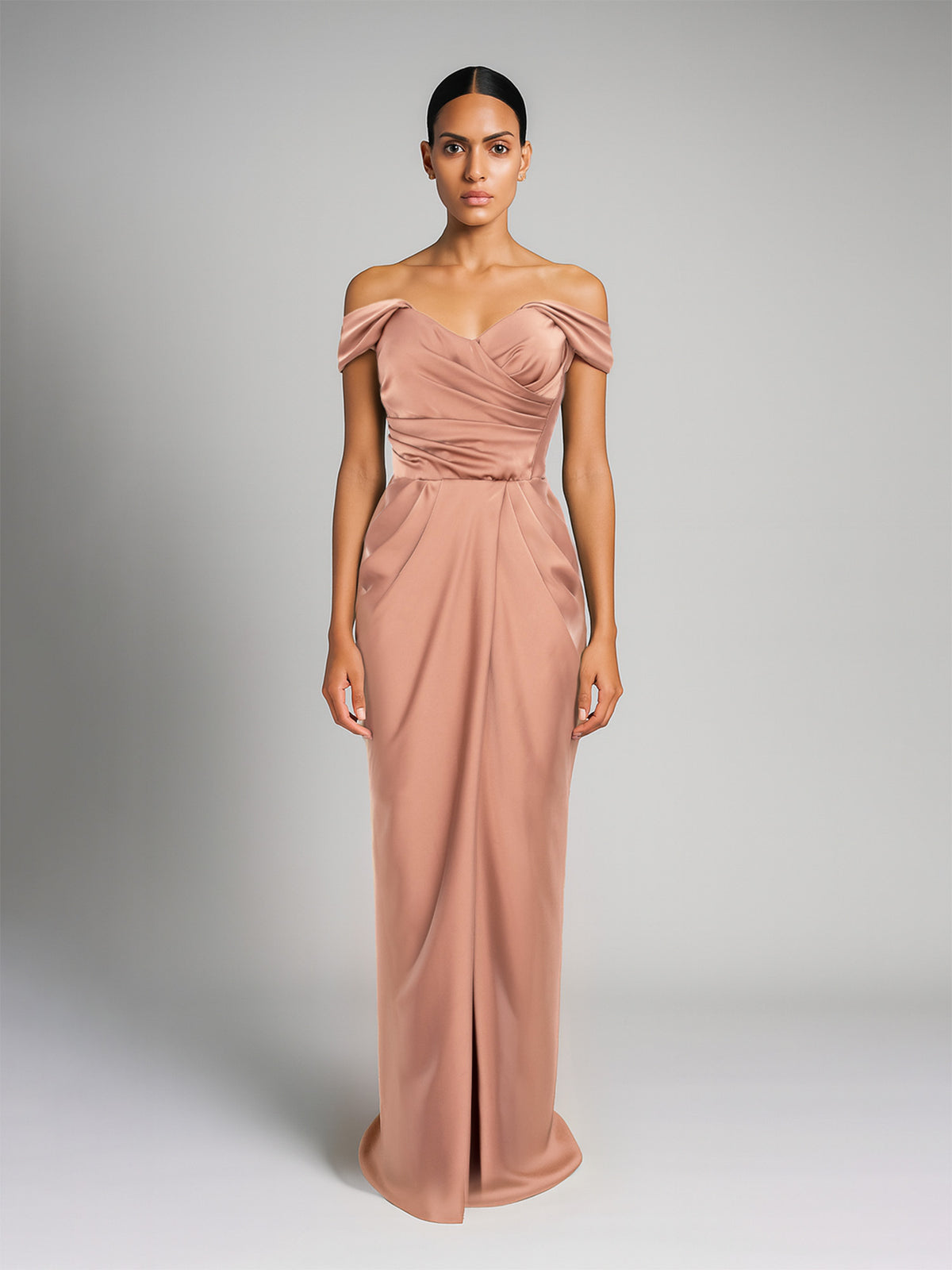 Rochie maxi drapata cu decolteu pe umeri, Bej