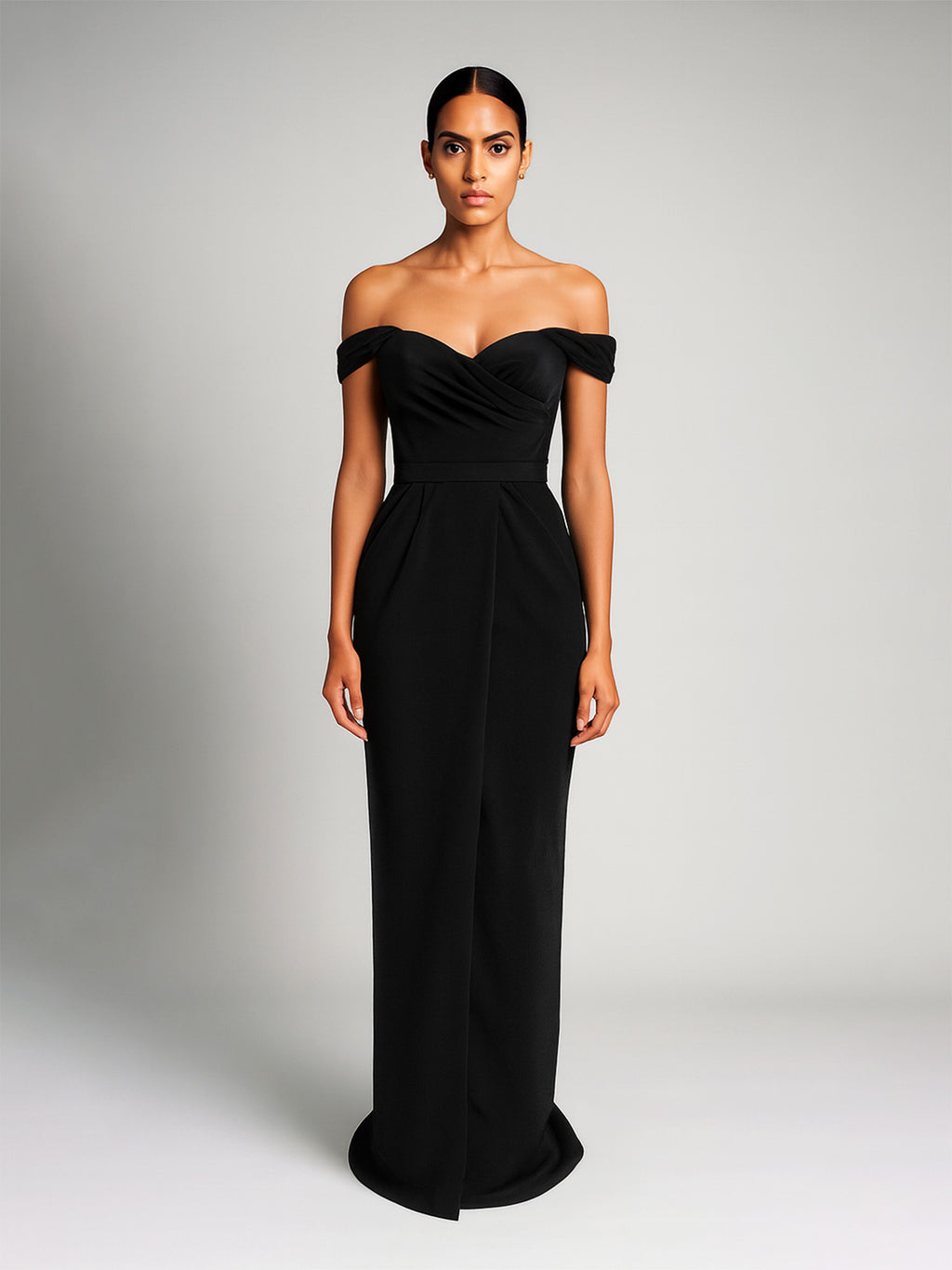 Rochie maxi drapata cu decolteu pe umeri, Negru