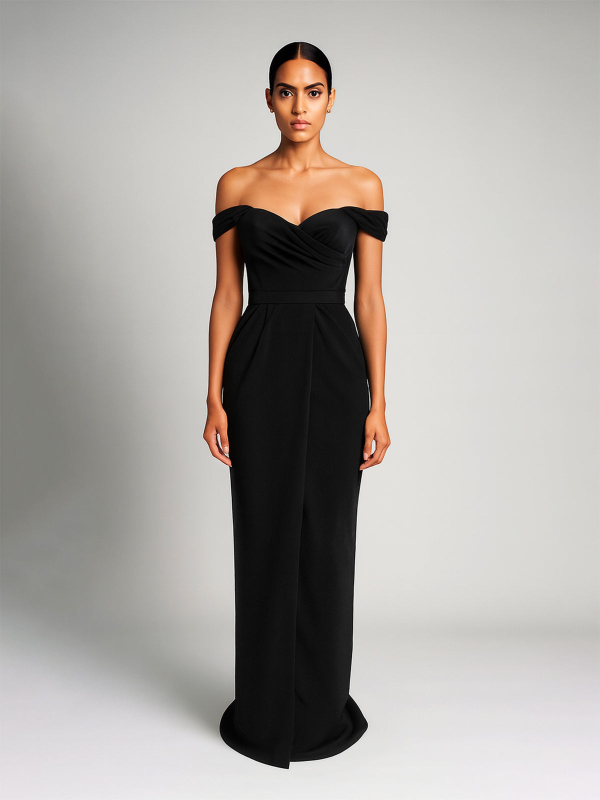 Rochie maxi drapata cu decolteu pe umeri, Negru