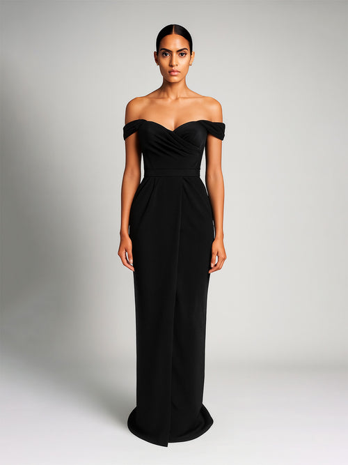 Draped Maxi Dress with Off-the-Shoulder Neckline, Black