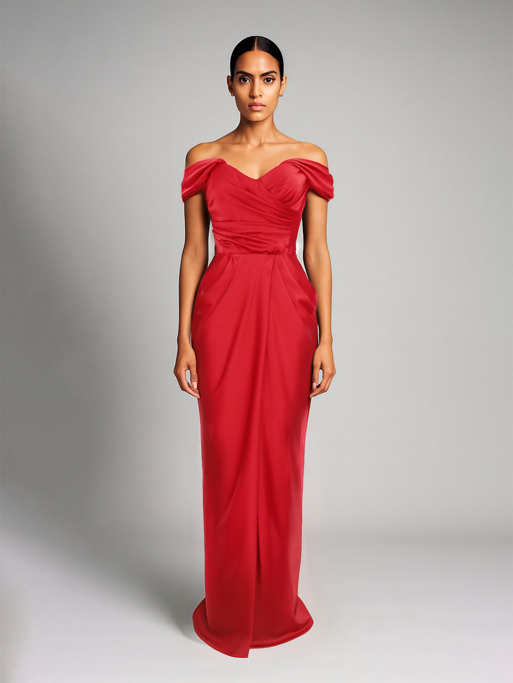 Long Satin-Finish Dress with Off-the-Shoulder Neckline, Red