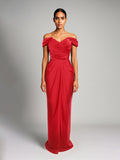 Long Satin-Finish Dress with Off-the-Shoulder Neckline, Red