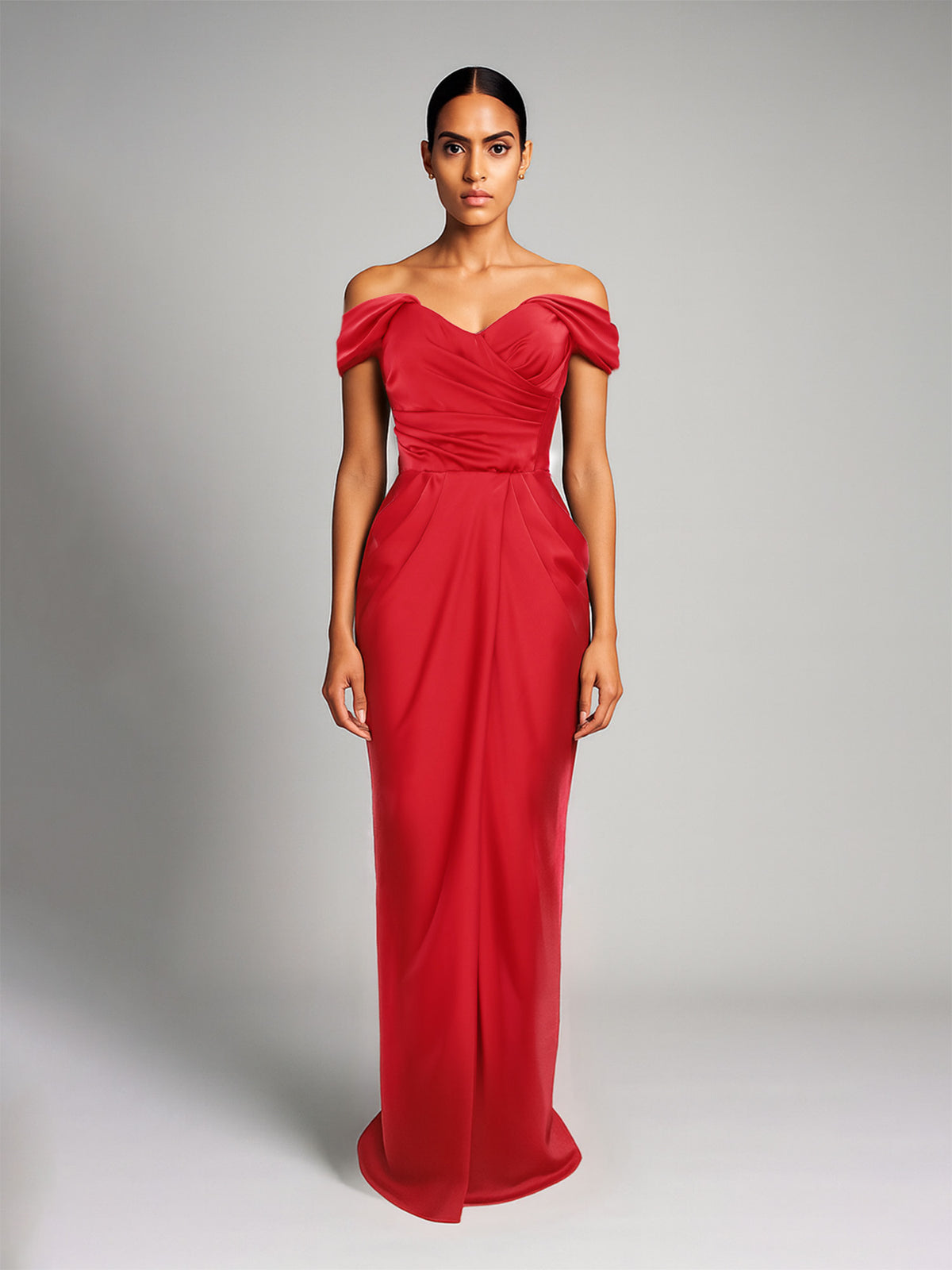 Long Satin-Finish Dress with Off-the-Shoulder Neckline, Red