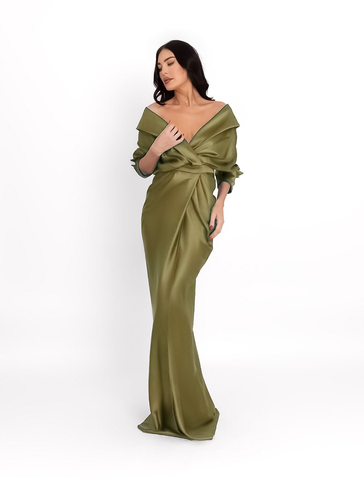 Satin Maxi Dress with Off-the-Shoulder Neckline, Olive Green