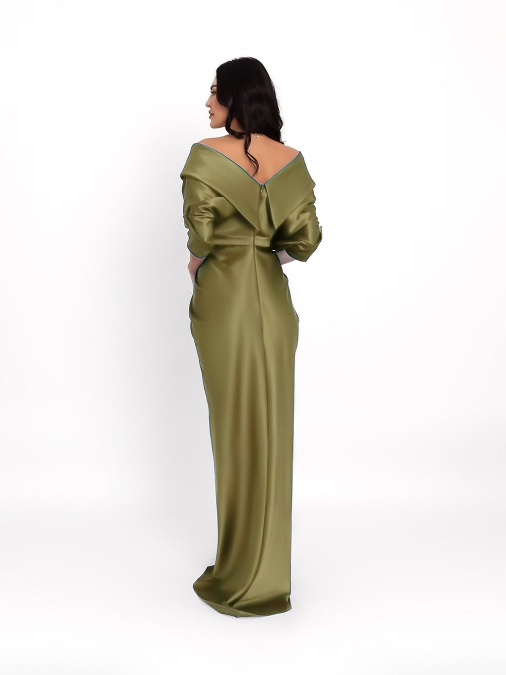 Satin Maxi Dress with Off-the-Shoulder Neckline, Olive Green 2