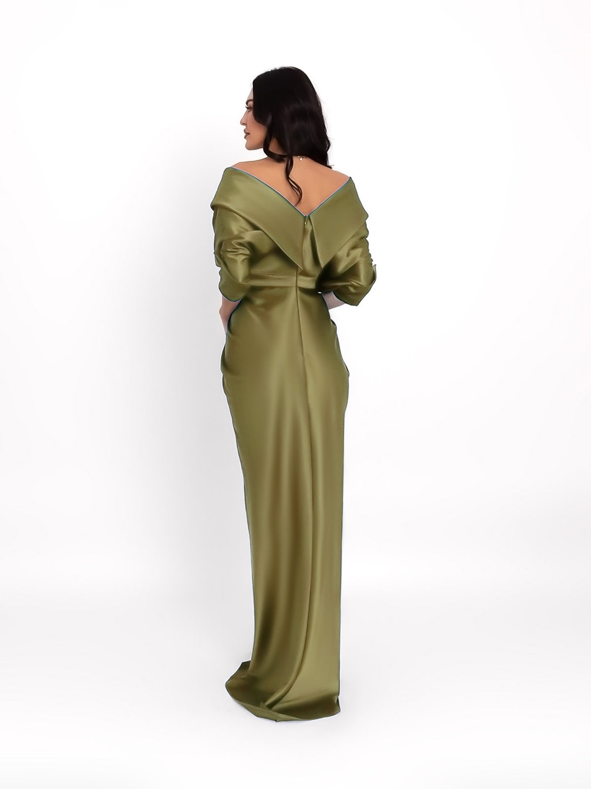 Satin Maxi Dress with Off-the-Shoulder Neckline, Olive Green 2