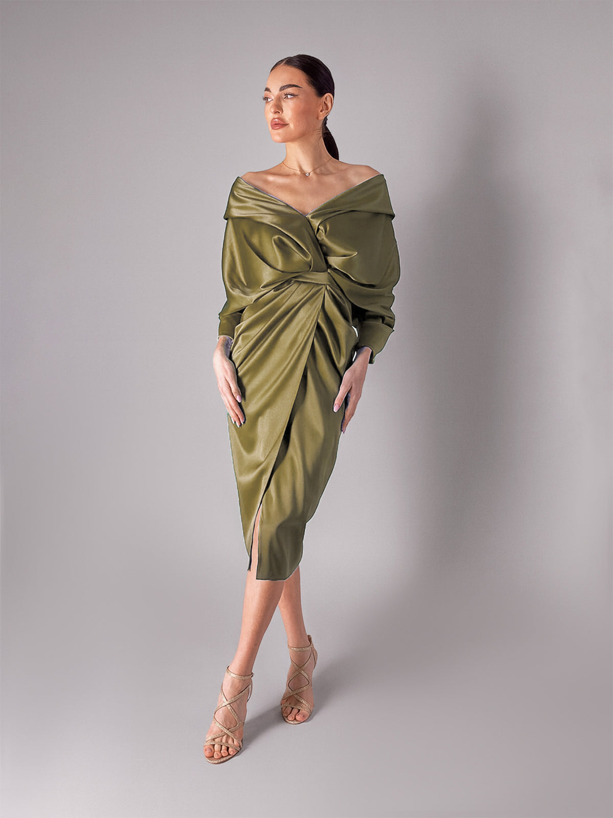 Draped Satin Dress, Olive Green