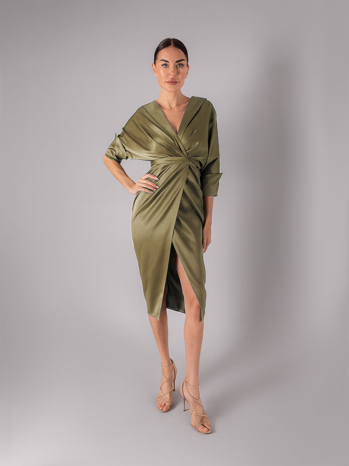 Draped Satin Dress, Olive Green 3