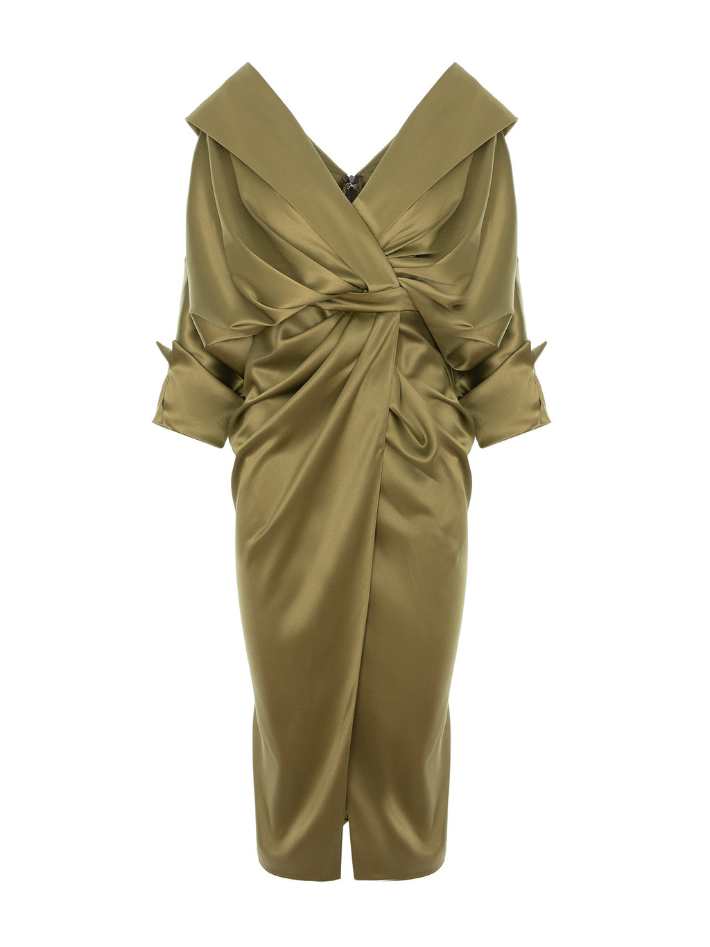 Draped Satin Dress, Olive Green 2