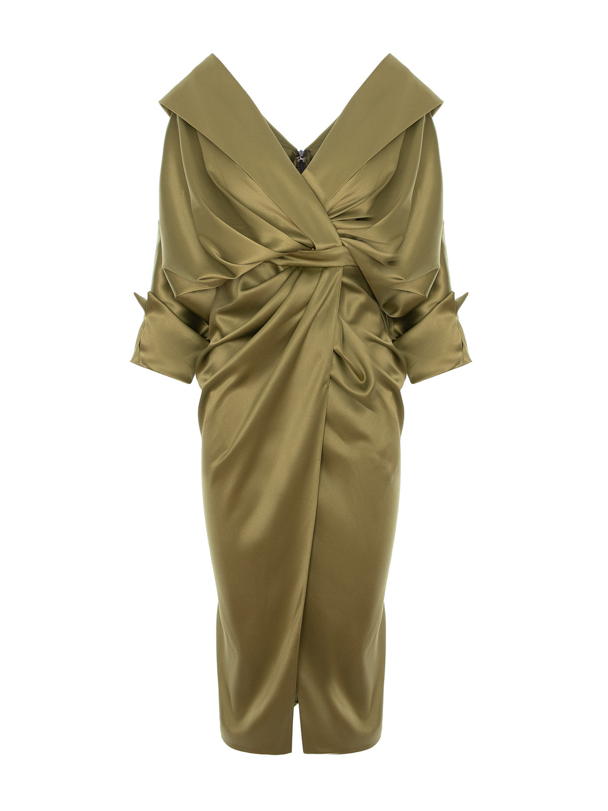 Draped Satin Dress, Olive Green 2