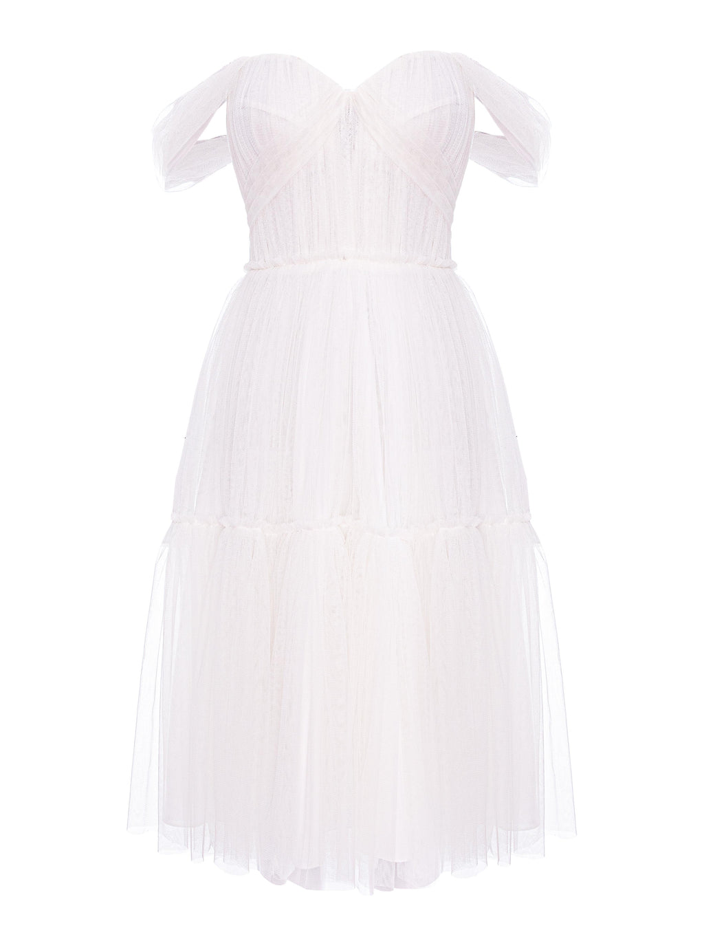Tulle Dress with Off-the-Shoulder Neckline, Optic White 4