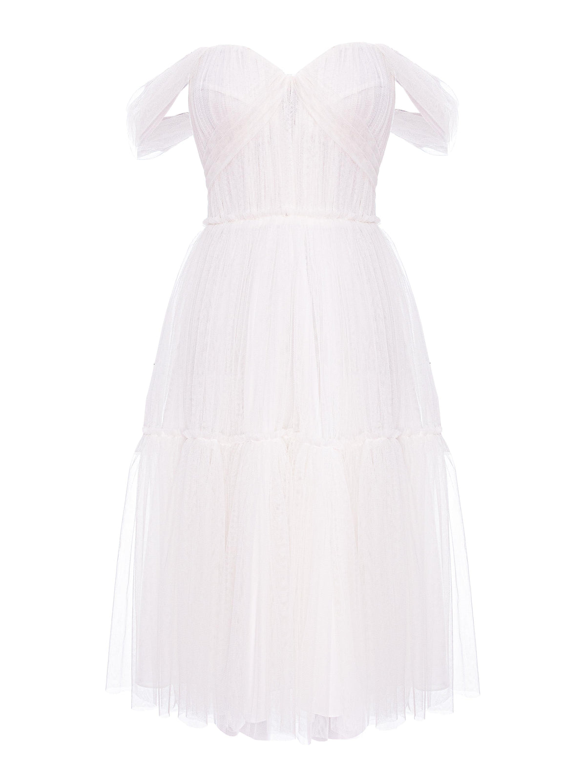 Tulle Dress with Off-the-Shoulder Neckline, Optic White 4