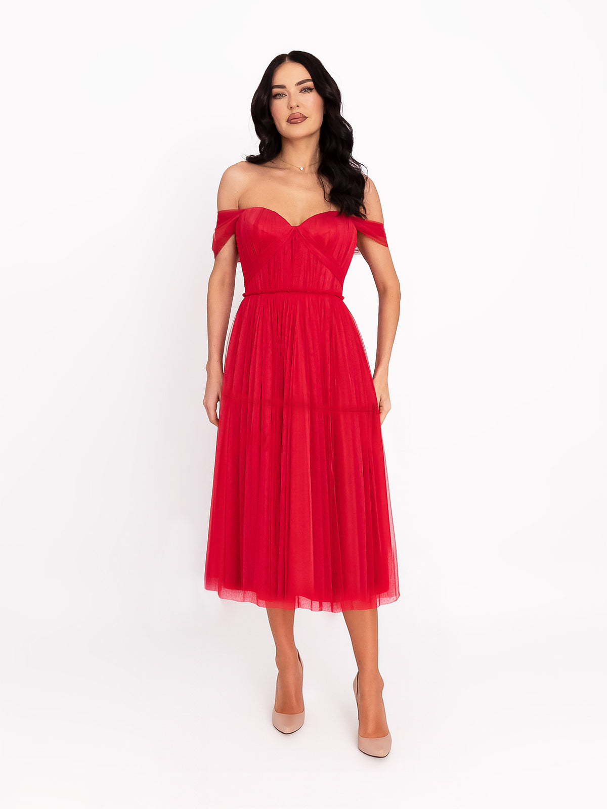 Midi Dress with Off-the-Shoulder Neckline, Red