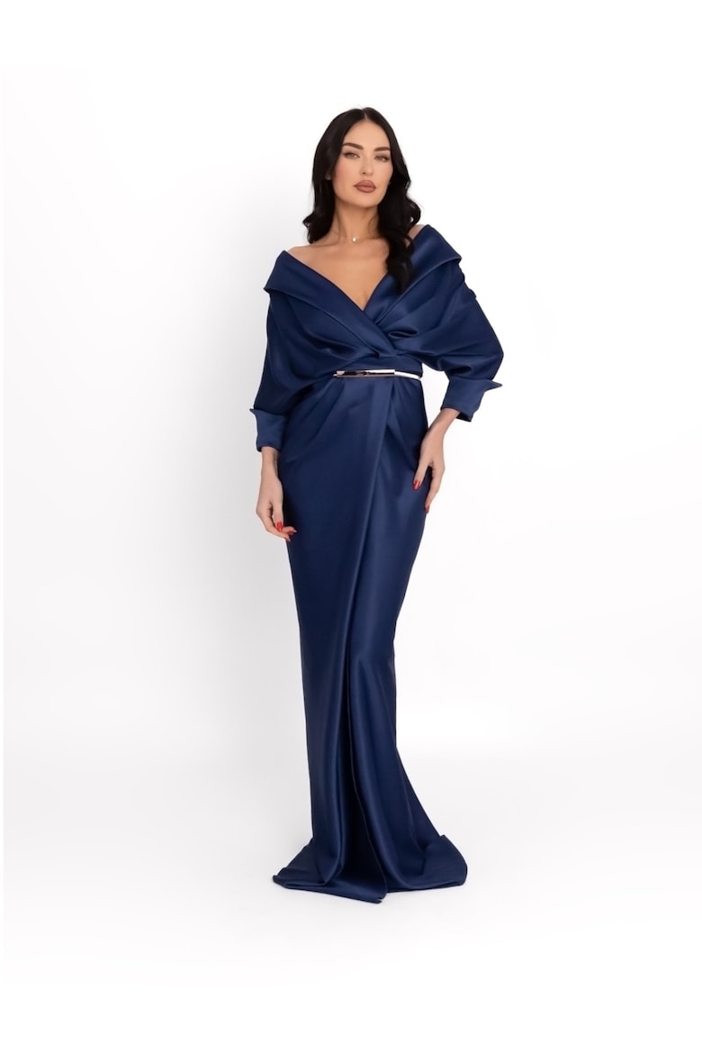 Satin Maxi Dress with Off-the-Shoulder Neckline, Navy Blue 2