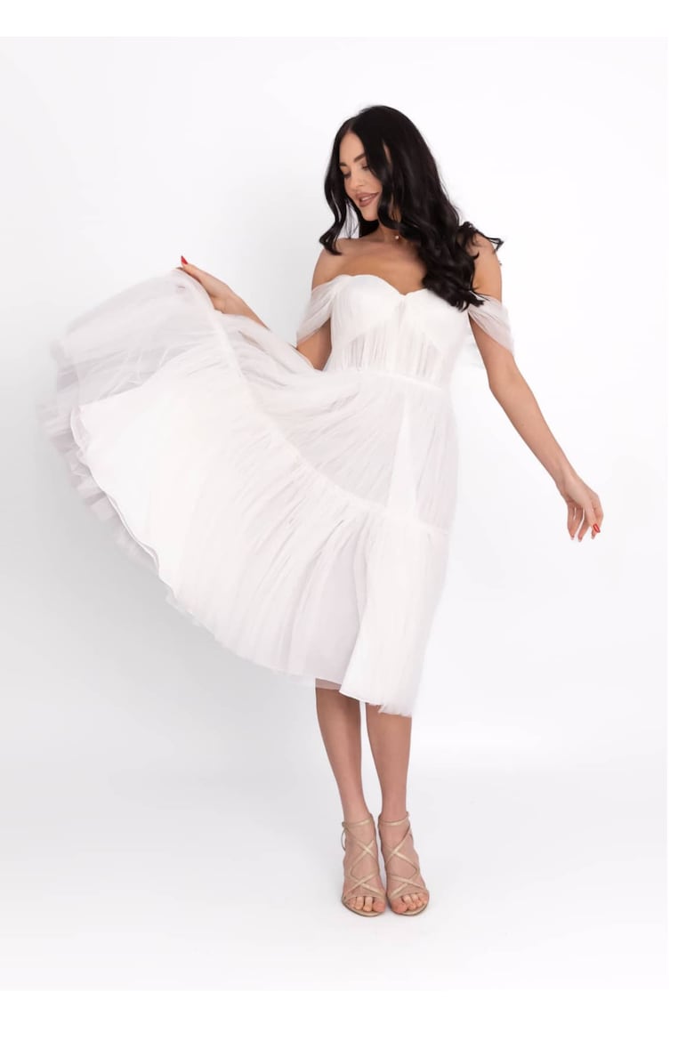 Midi Dress with Off-the-Shoulder Neckline, White