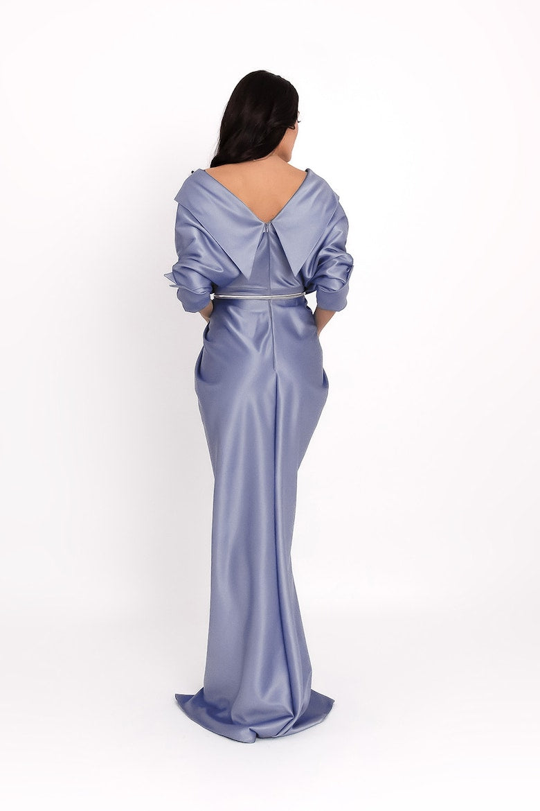Draped Dress with Front Slit, Dusty Blue 3