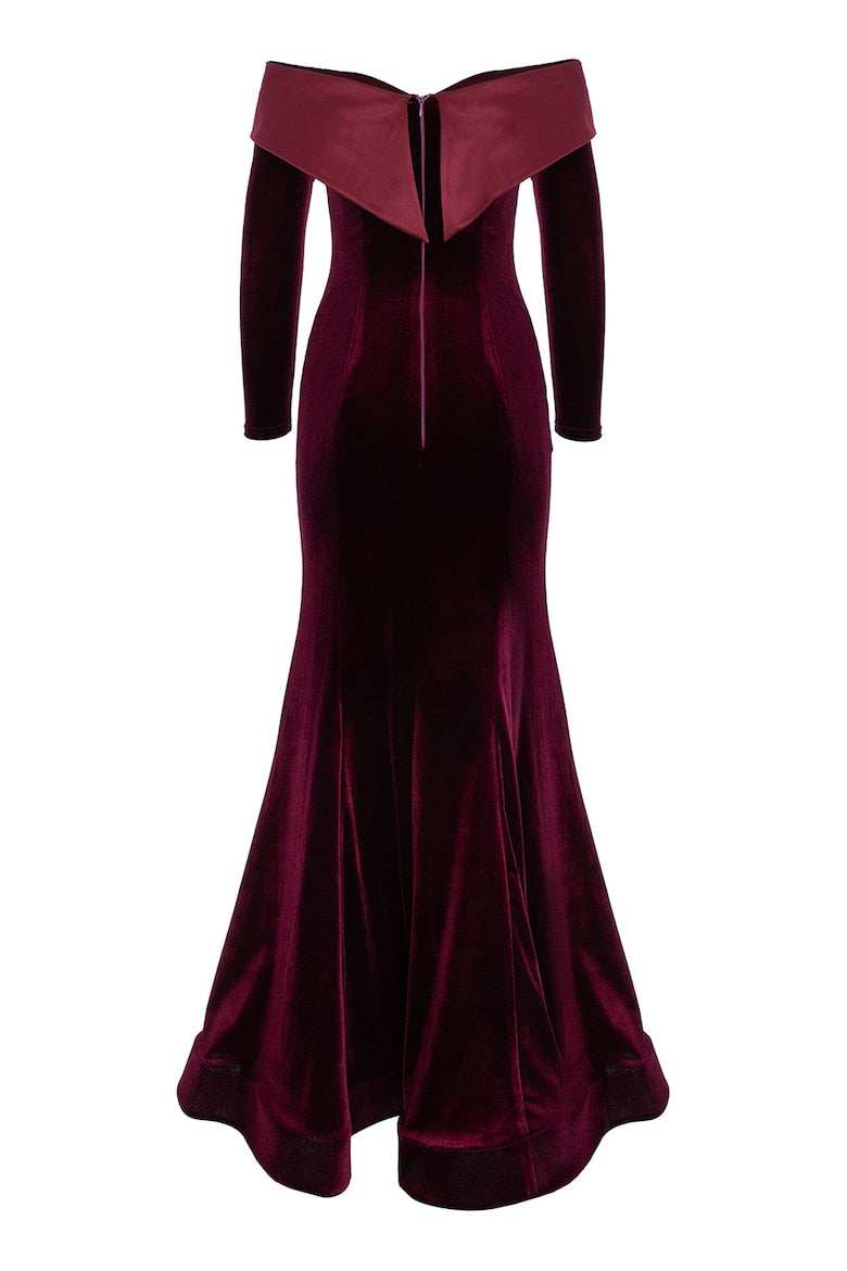 Velvet Dress with One-Shoulder Neckline, Burgundy 5