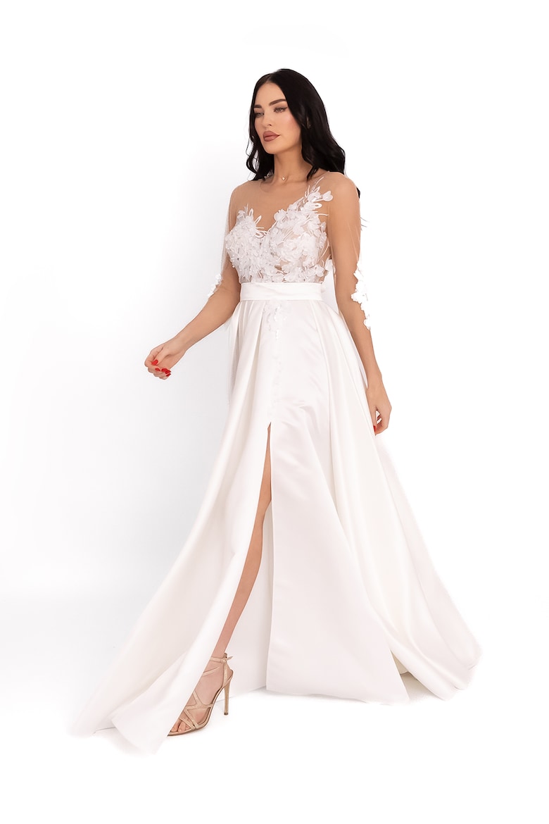 Long Dress with Front Slit and Floral Appliqué, Optic White 2