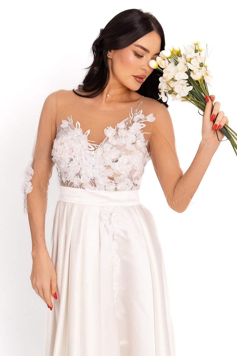 Long Dress with Front Slit and Floral Appliqué, Optic White 5