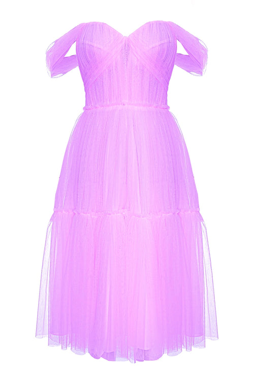 A-Line Midi Dress with Off-the-Shoulder Straps, Lilac 2