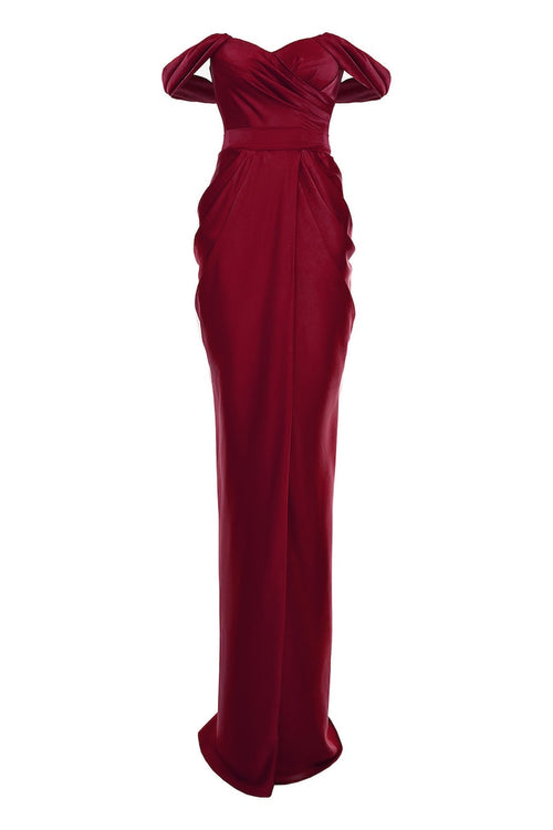 Draped Maxi Dress with Off-the-Shoulder Neckline, Burgundy 2