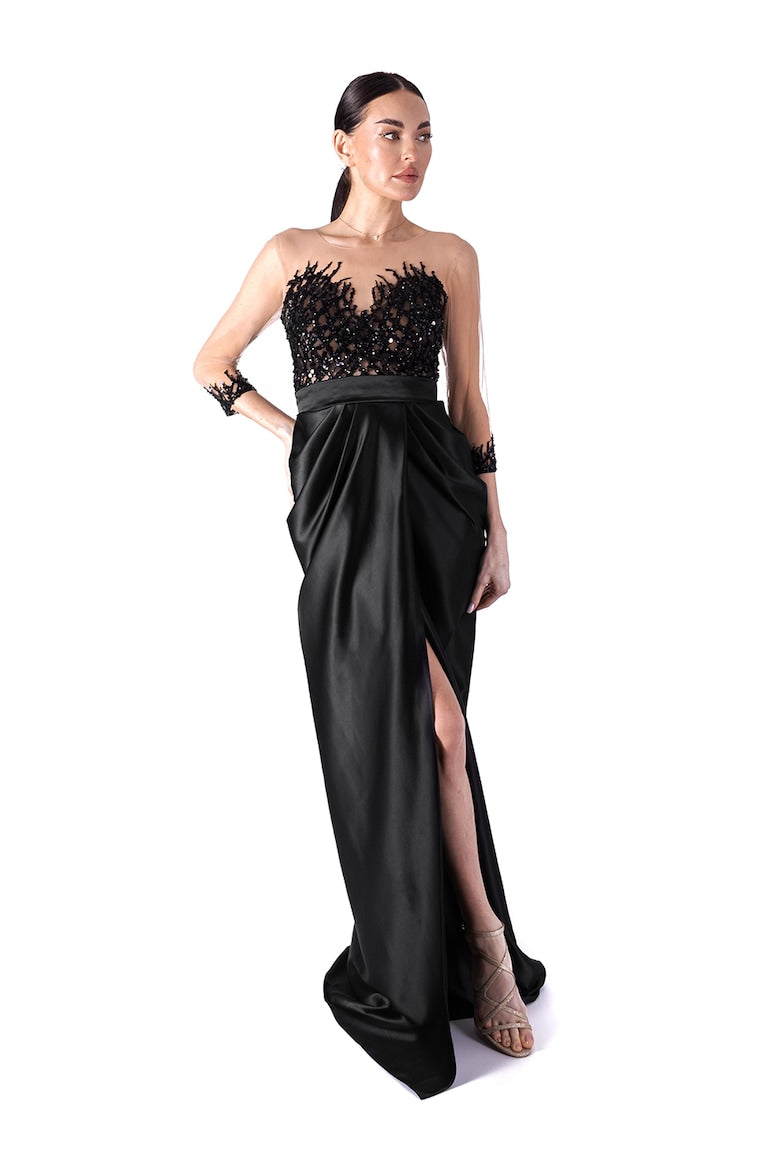 Maxi Dress with Mesh Panel, Black