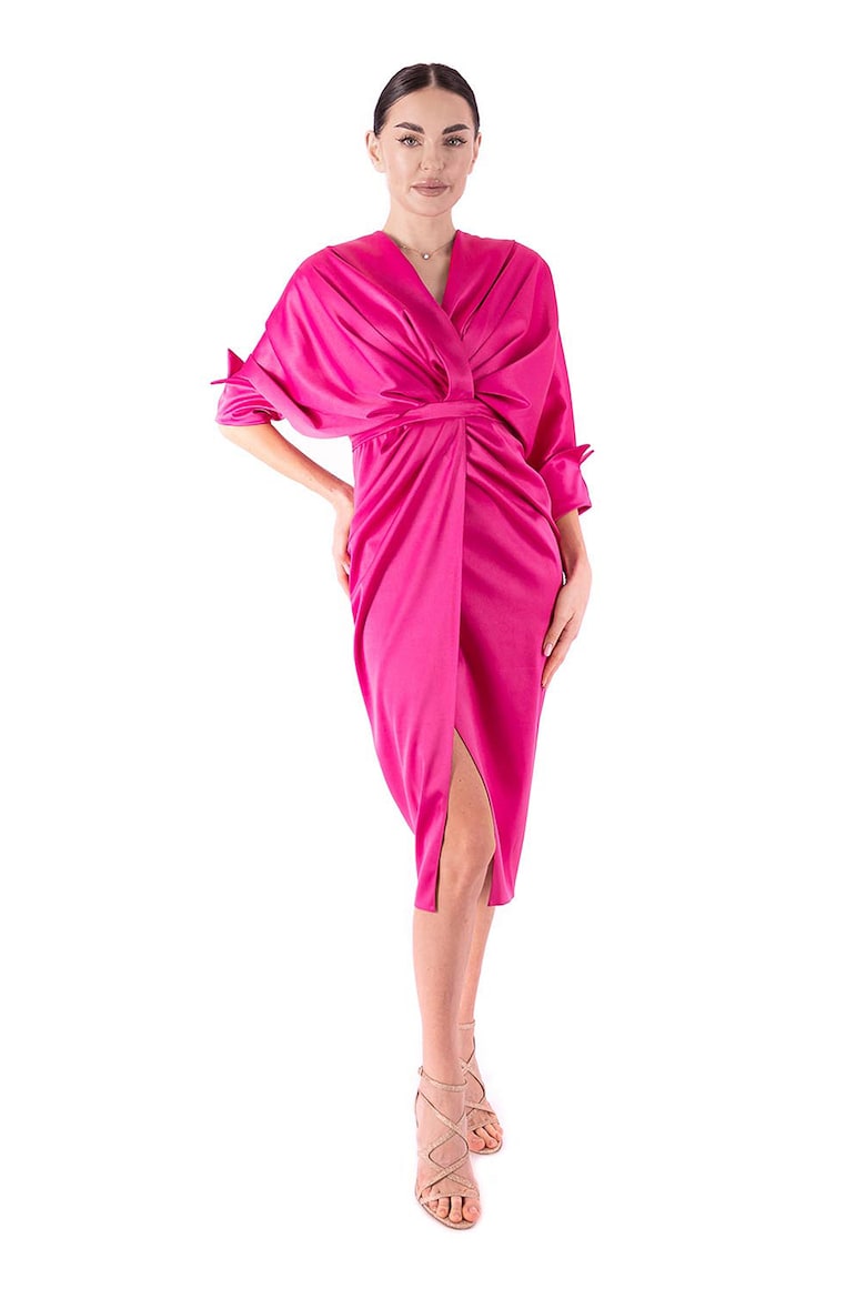 Draped Midi Dress with Three-Quarter Sleeves, Fuchsia