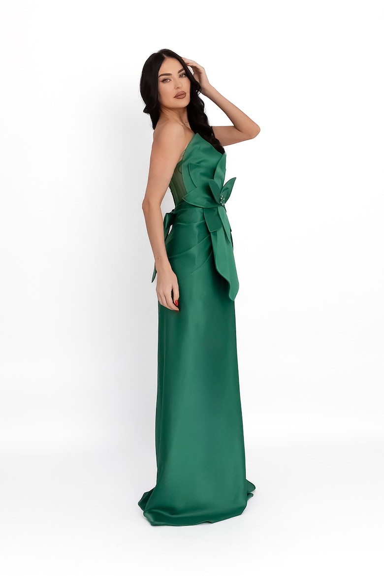 Fitted Long Dress with Satin Finish and Appliqués, Dark Green 2
