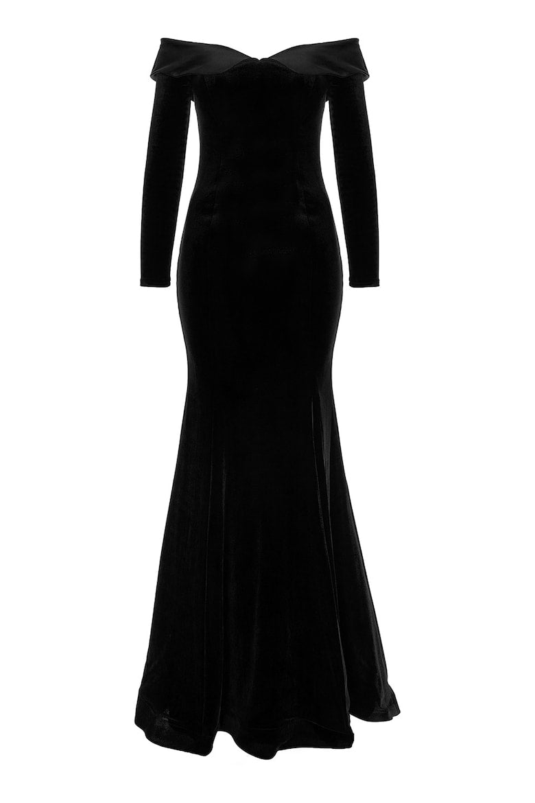 Velvet Dress with One-Shoulder Neckline, Black 3