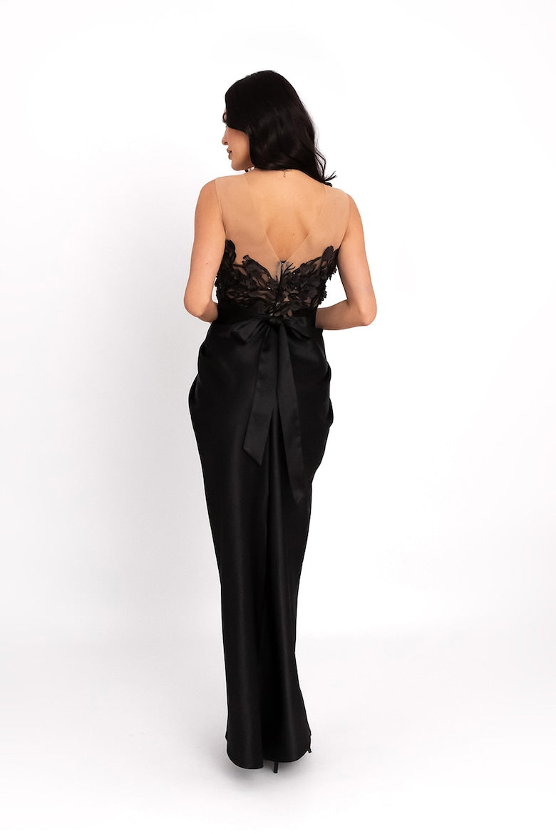 Maxi Dress with Floral Appliqués, Black 3