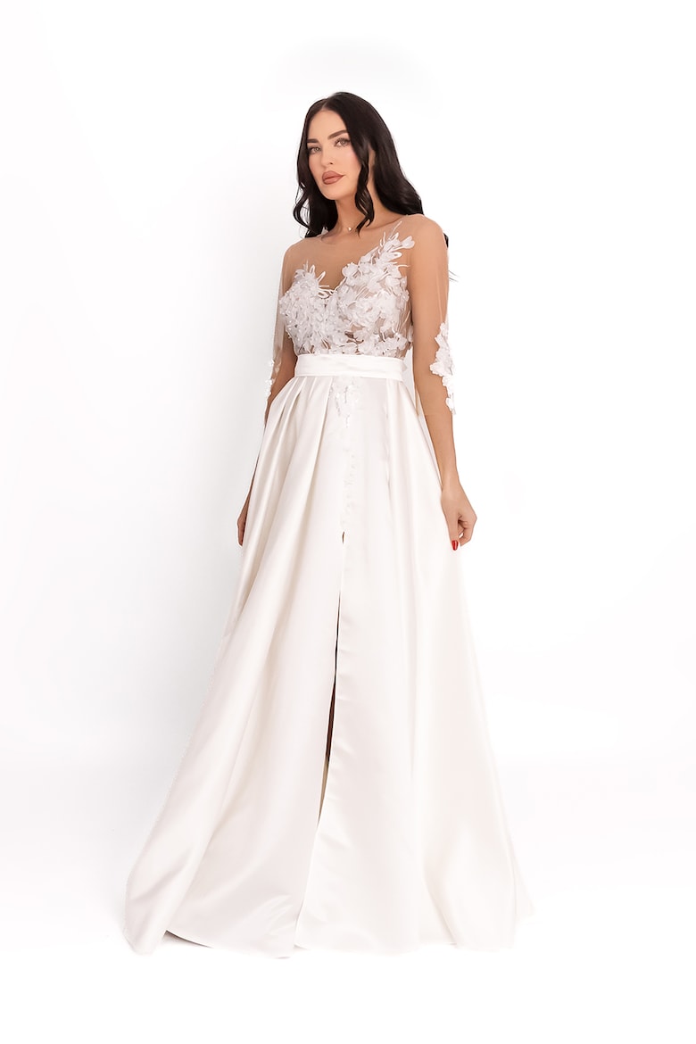Long Dress with Front Slit and Floral Appliqué, Optic White