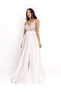Long Dress with Front Slit and Floral Appliqué, Optic White
