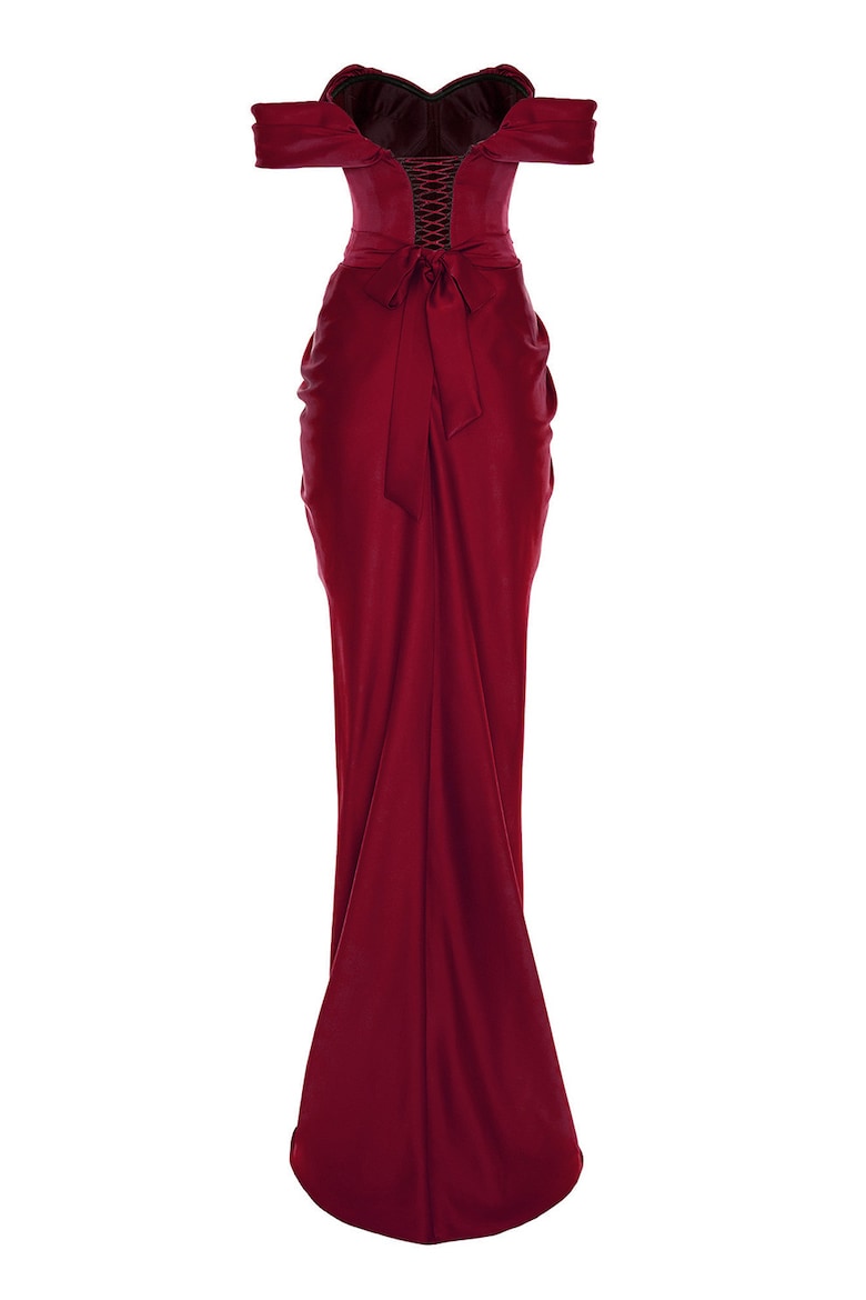 Draped Maxi Dress with Off-the-Shoulder Neckline, Burgundy 3