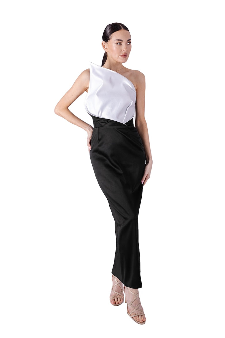 Satin Dress with One-Shoulder Neckline, Black and White
