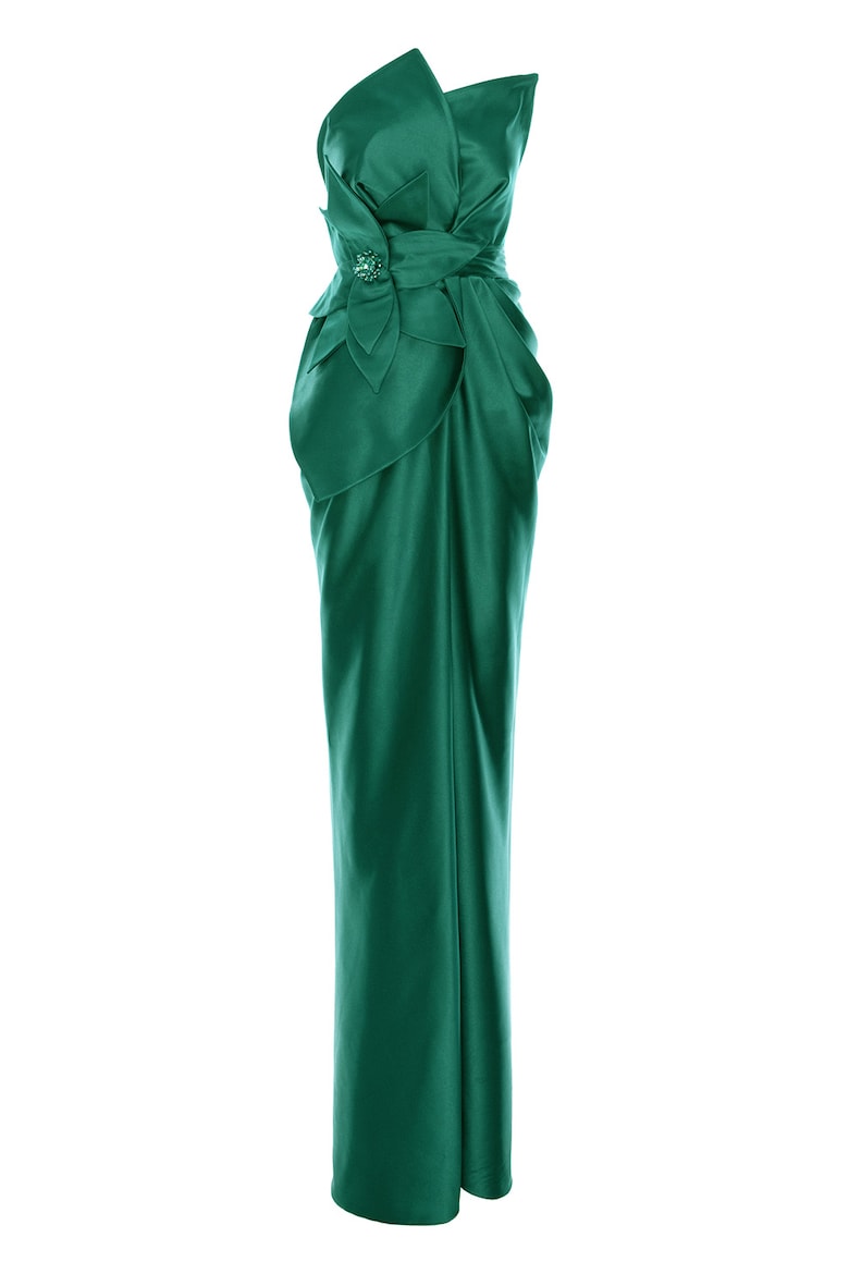 Fitted Long Dress with Satin Finish and Appliqués, Dark Green 5