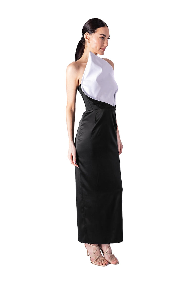 Satin Dress with One-Shoulder Neckline, Black and White 4