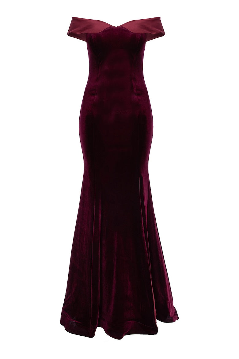 Velvet Dress with One-Shoulder Neckline, Burgundy 3